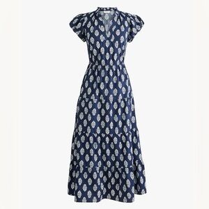J Crew Factory Printed V-neck puff-sleeve maxi dress